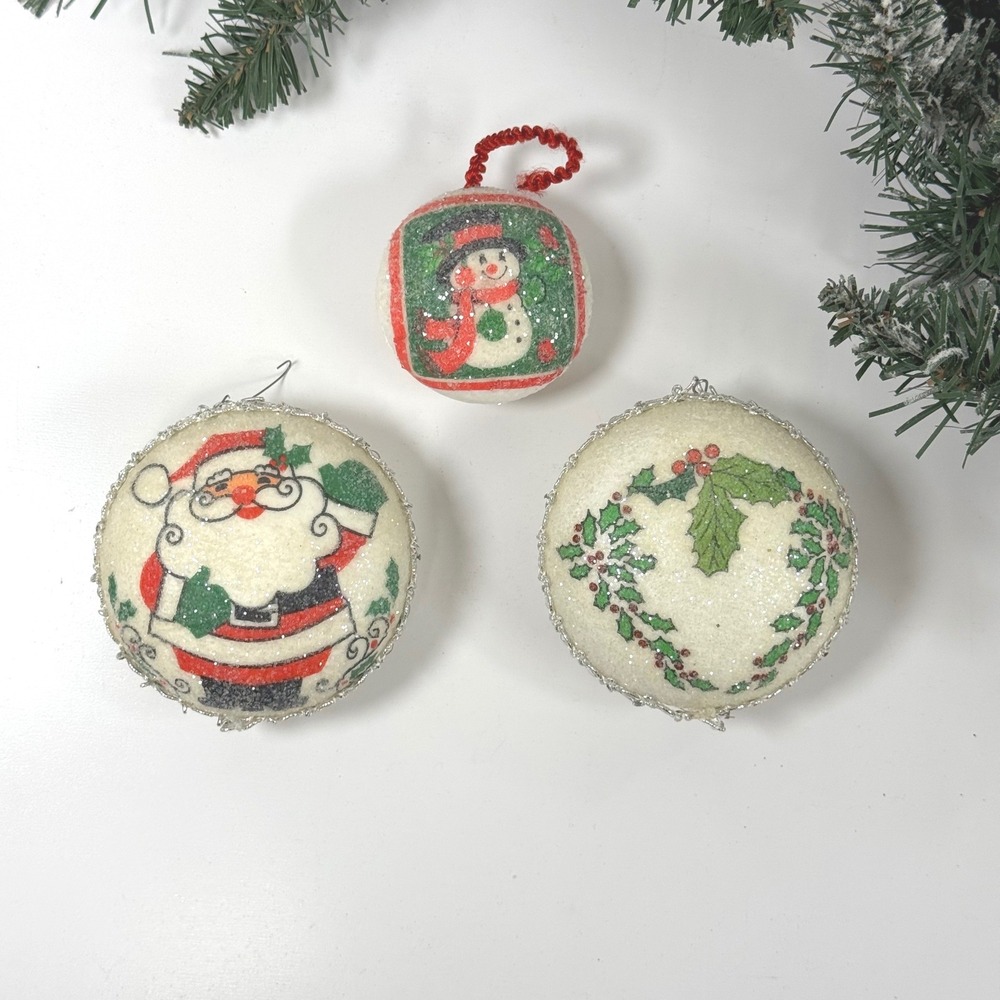 Vintage Sugared Christmas Ornaments Lot 3 Santa Snowman Poinsettia Mid Century